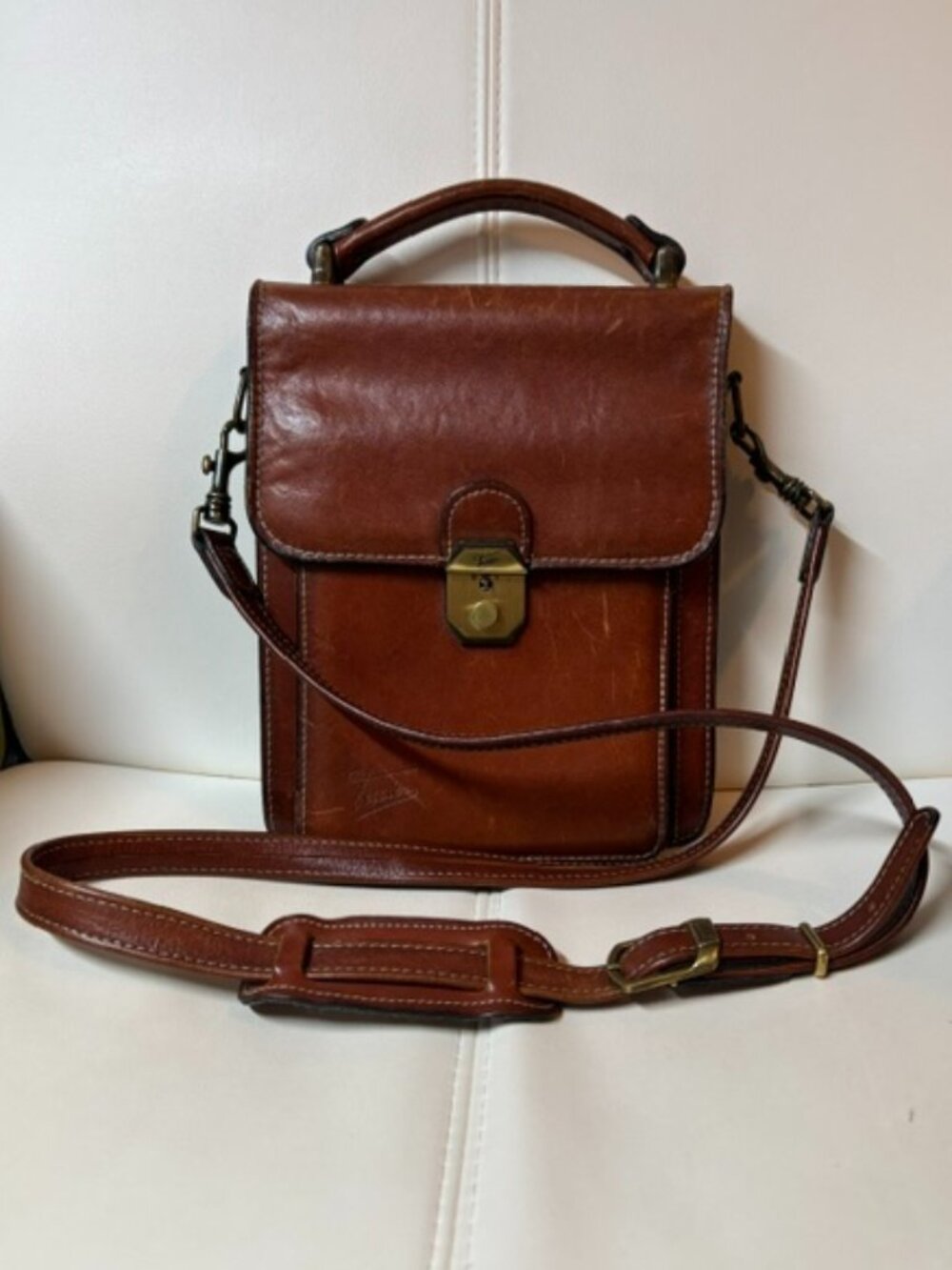 Vintage Texier Made in France Genuine Leather Cognac Crossbody Satchel Bag
